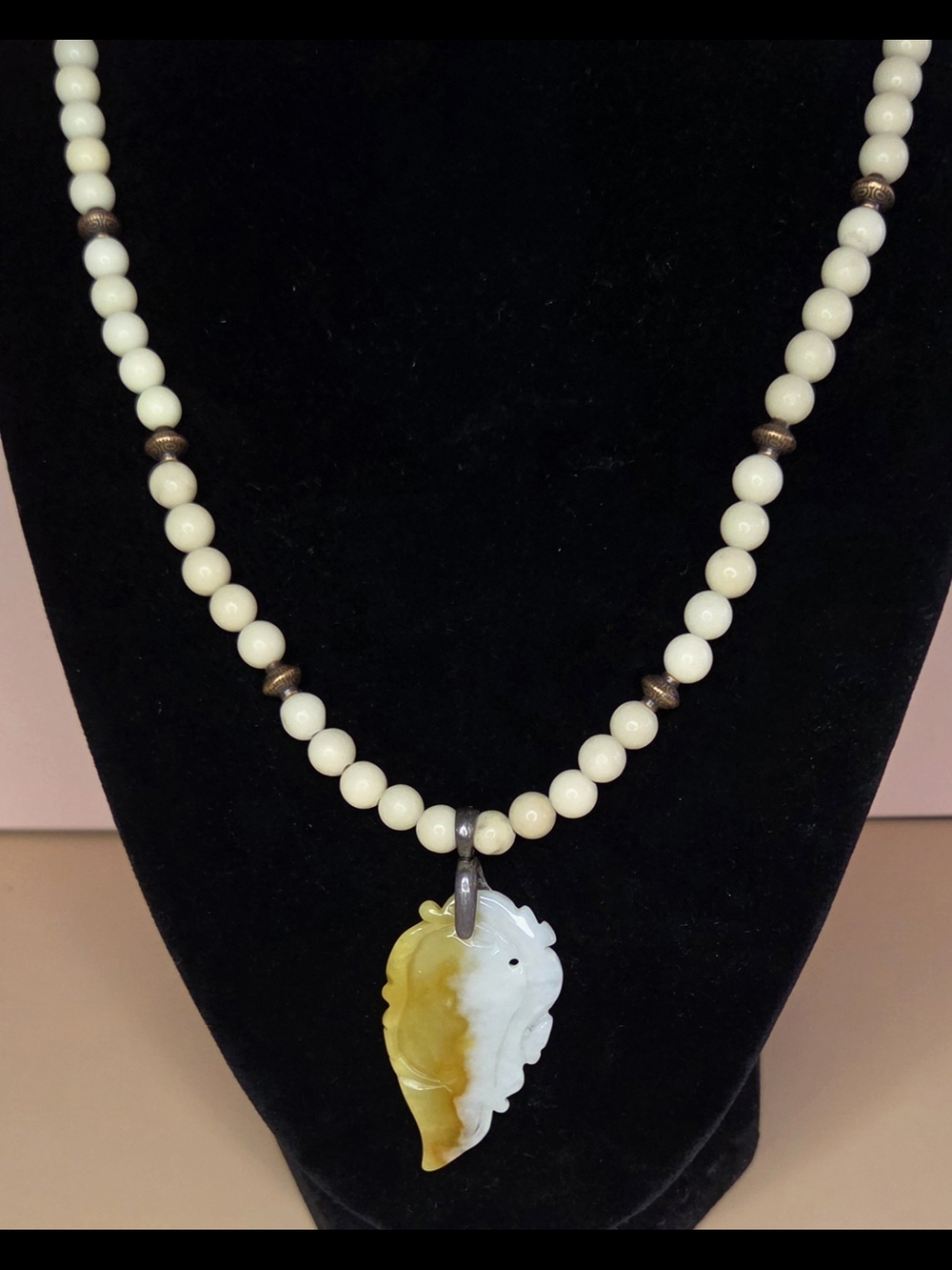 Ivory Jade and Bronze Beaded Necklace with a Vintage Tan\Ivory Jade Leaf Pendant